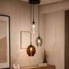 Suspension grande hauteur Echos 3 lumières, rosace Ø 40 cm, verres Ø 18 et 25 cm