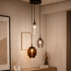 Suspension grande hauteur Echos 3 lumières, rosace Ø 40 cm, verres Ø 18 et 25 cm