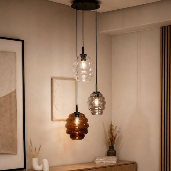 Suspension grande hauteur Echos 3 lumières, rosace Ø 40 cm, verres Ø 18 et 25 cm