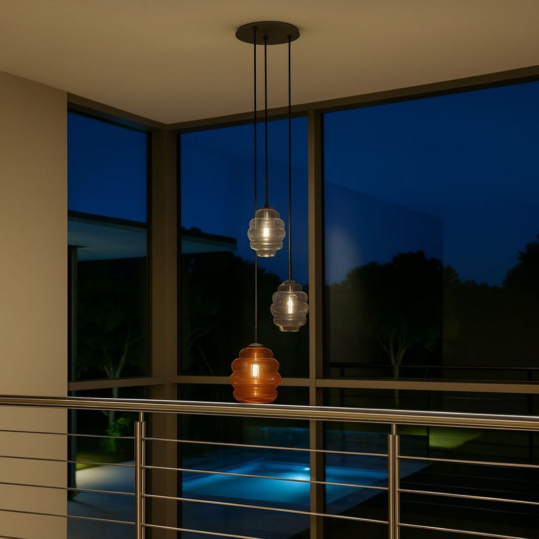 Suspension grande hauteur Echos 3 lumières, rosace Ø 40 cm, verres Ø 18 et 25 cm