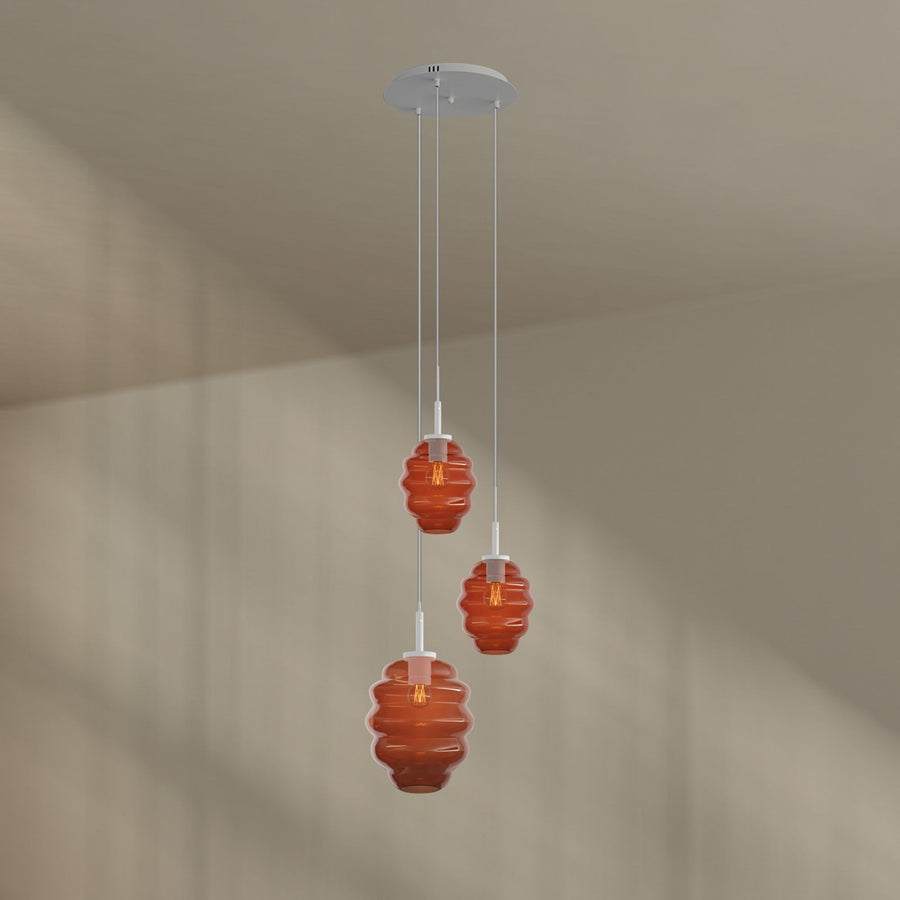 Suspension grande hauteur Echos 3 lumières, rosace Ø 40 cm, verres Ø 18 et 25 cm