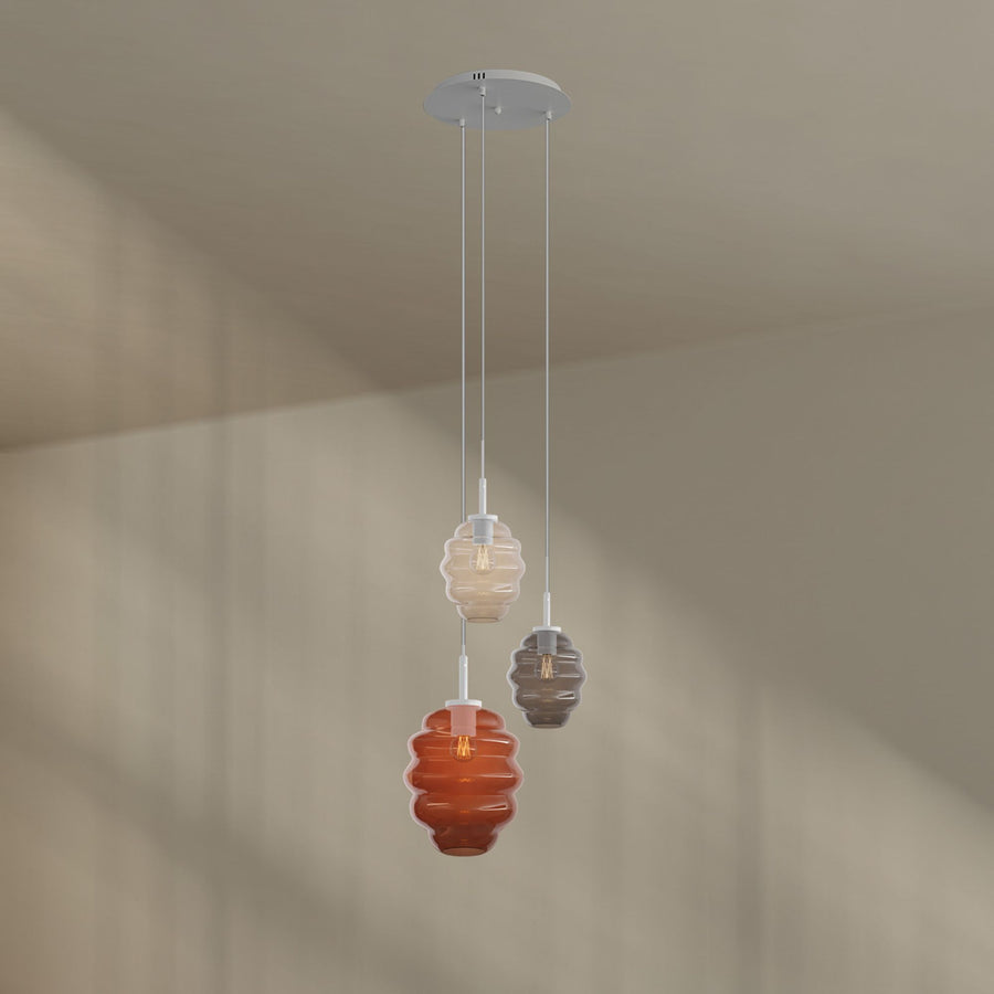 Suspension grande hauteur Echos 3 lumières, rosace Ø 40 cm, verres Ø 18 et 25 cm