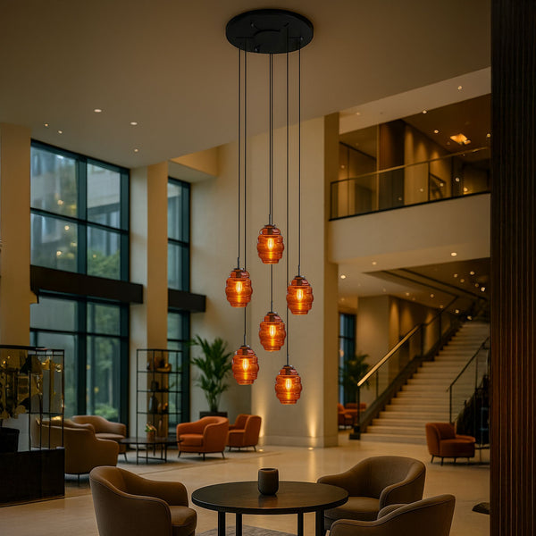 Suspension grande hauteur Echos 5 lumières, rosace Ø 60 cm, verres Ø 18 cm