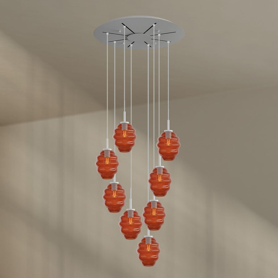 Suspension grande hauteur Echos 8 lumières, rosace Ø 80 cm, verres Ø 18 cm
