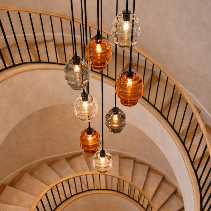 Suspension grande hauteur Echos 8 lumières, rosace Ø 80 cm, verres Ø 18 et 25 cm
