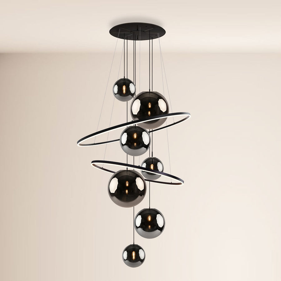 Suspension grande hauteur LED Galaxy XXL 8 lumières, globes en verre