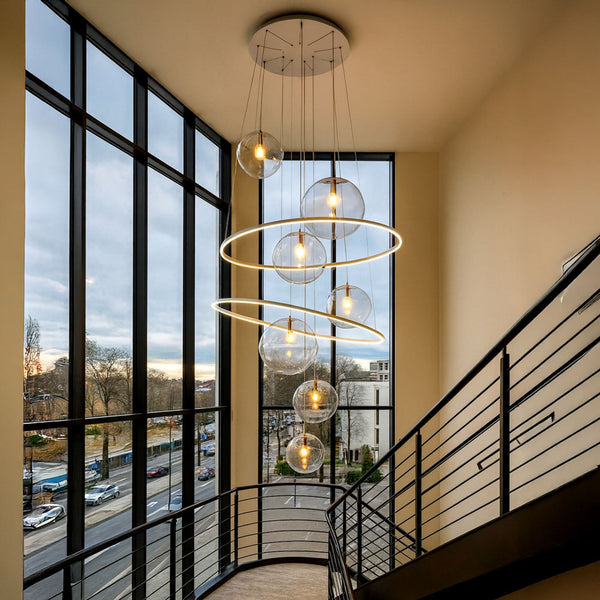 Suspension grande hauteur LED Galaxy XXL 8 lumières, globes en verre