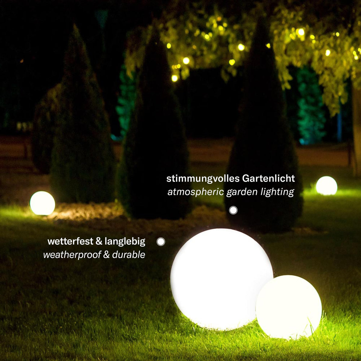 Vue nocturne de plusieurs globes lumineux blancs sur une pelouse avec sapins