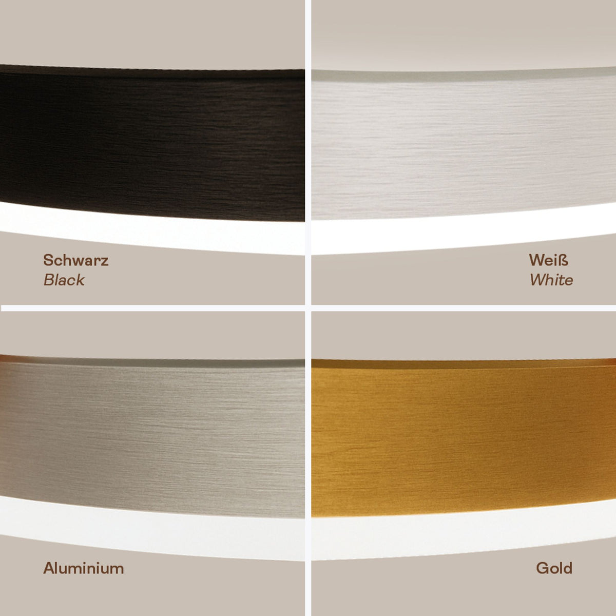 Nuancier des finitions disponibles : noir, blanc, aluminium brossé et doré