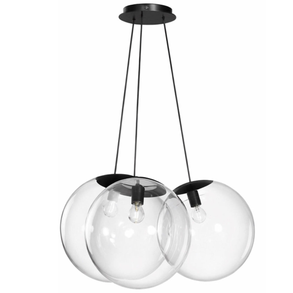 Produit isolé sur fond blanc, trois globes en verre transparent, vue de face