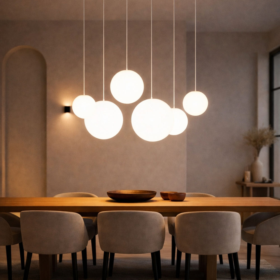 Suspension de table Orb 5 lumières, longueur 160 cm