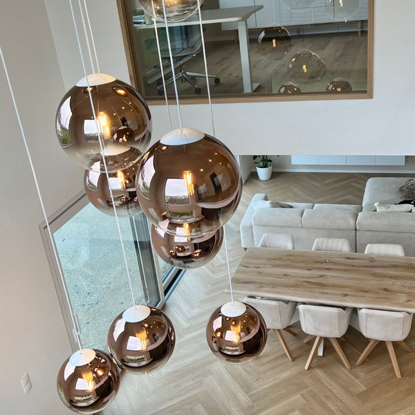 Suspension grande hauteur Orb globe en verre, câble 5 m, monture blanche