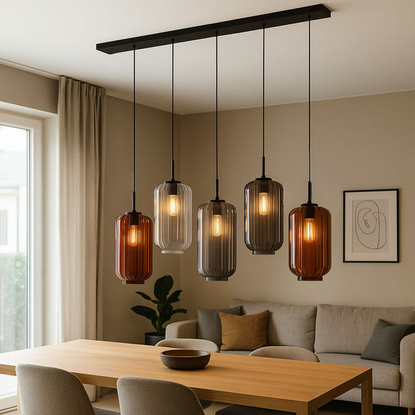 Suspension de table Velo 5 lumières, longueur 160 cm, verres Ø 18 cm