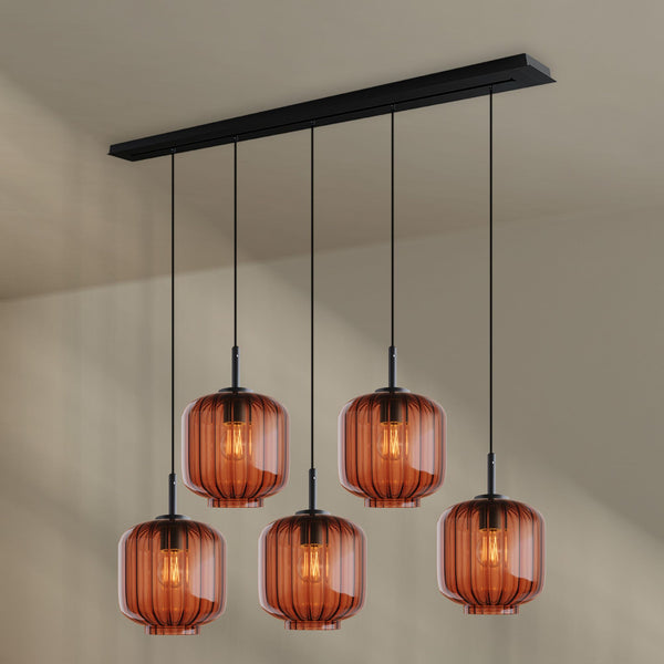 Suspension de table Velo 5 lumières, longueur 160 cm, verres Ø 20 cm