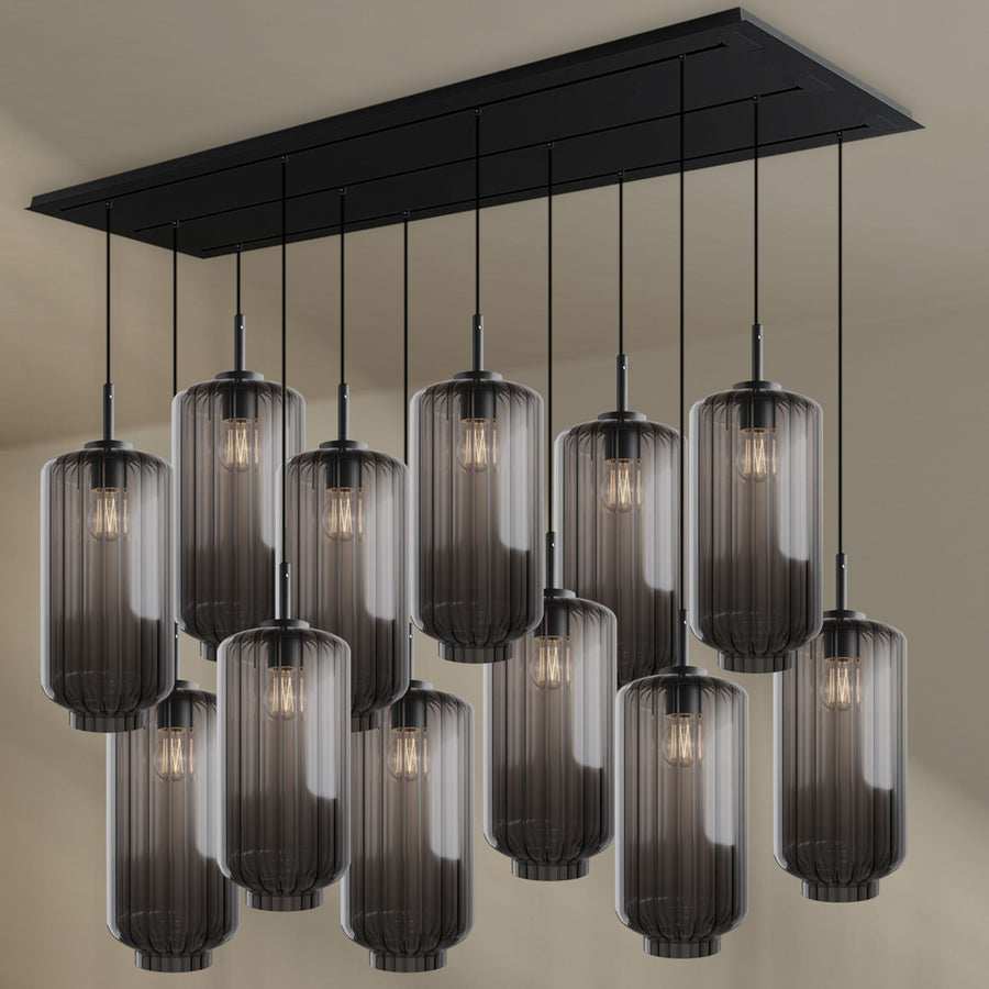 Version fumée du luminaire, douze verres cylindriques en trois rangées