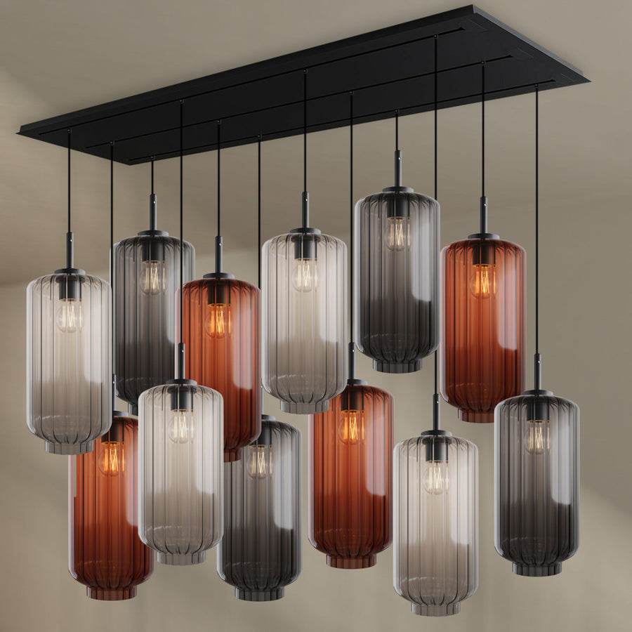 Suspension de table Velo 12 lumières sur 3 rangées, longueur 200 cm, verres Ø 18 cm