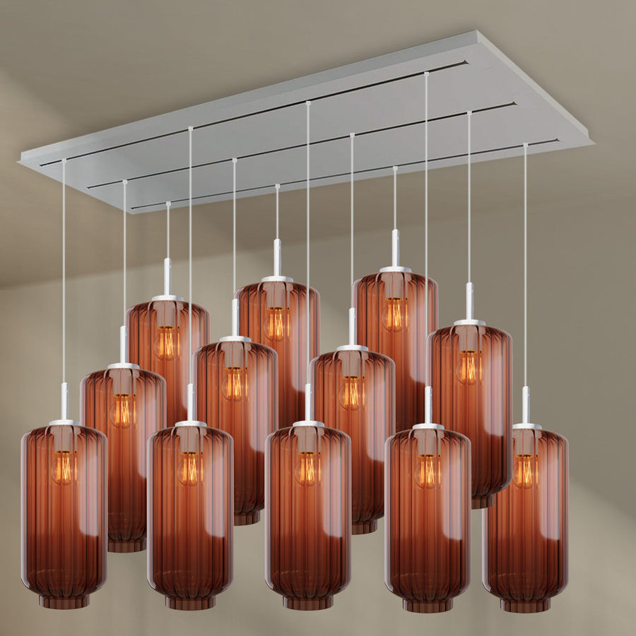Suspension de table Velo 12 lumières sur 3 rangées, longueur 200 cm, verres Ø 18 cm