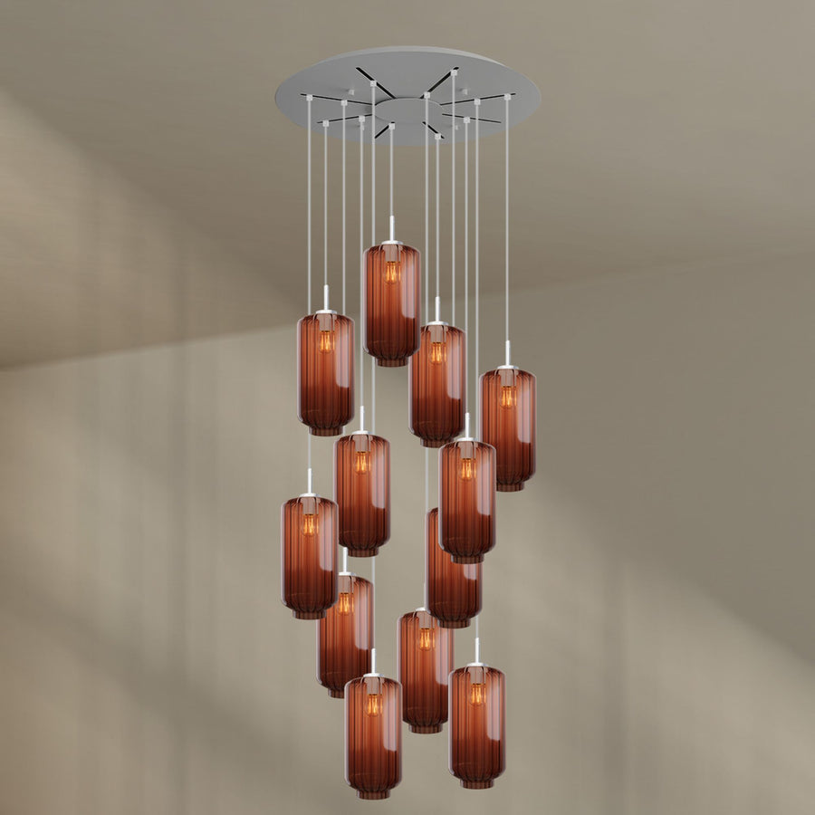 Suspension grande hauteur Velo 12 lumières, rosace Ø 80 cm, verres Ø 18 cm