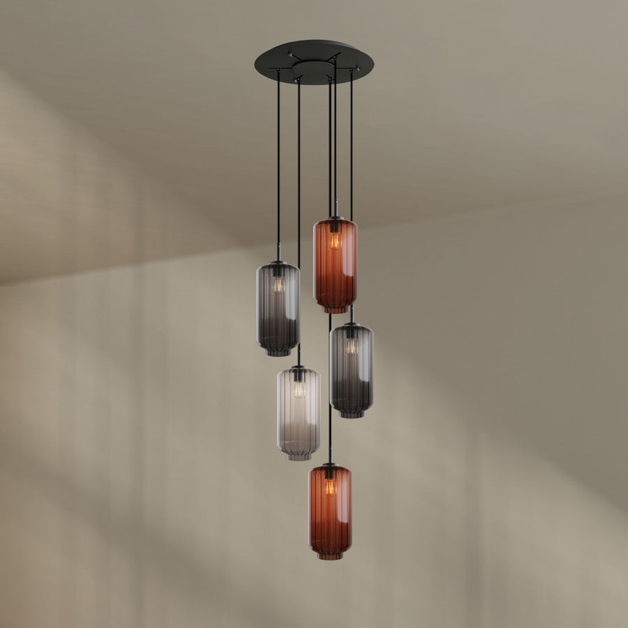 Suspension grande hauteur Velo 5 lumières, rosace Ø 60 cm, verres Ø 18 cm