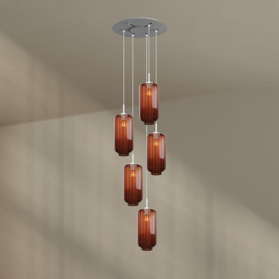 Suspension grande hauteur Velo 5 lumières, rosace Ø 60 cm, verres Ø 18 cm