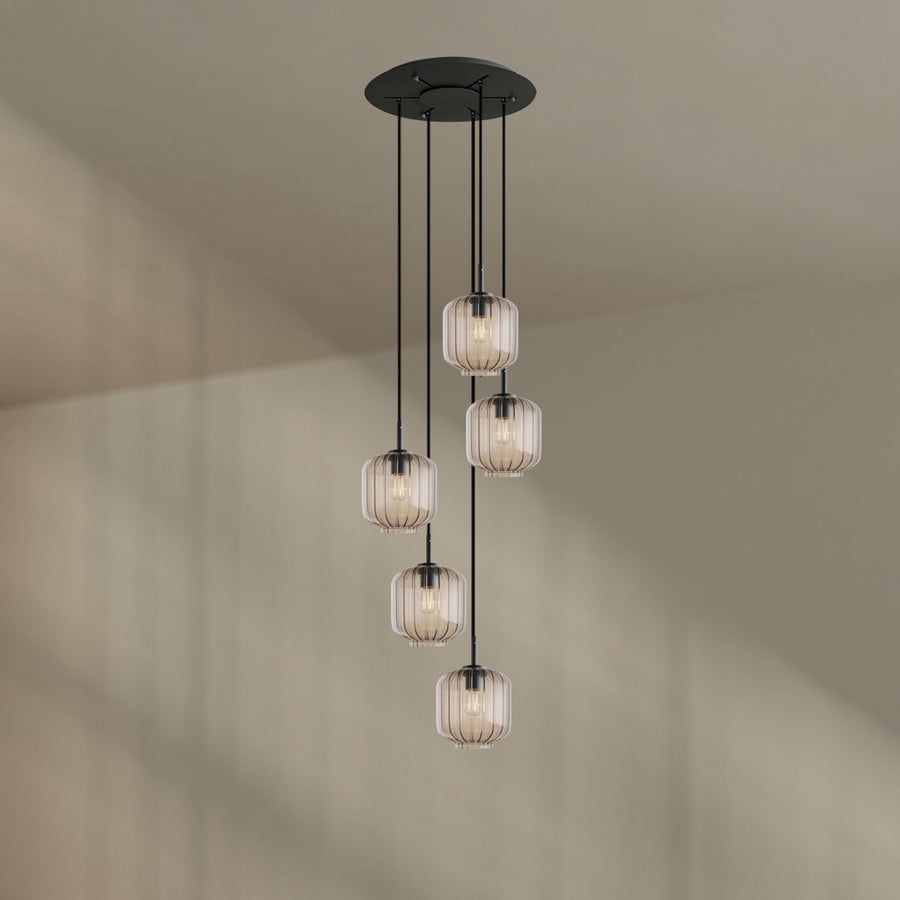 Suspension grande hauteur Velo 5 lumières, rosace Ø 60 cm, verres Ø 20 cm