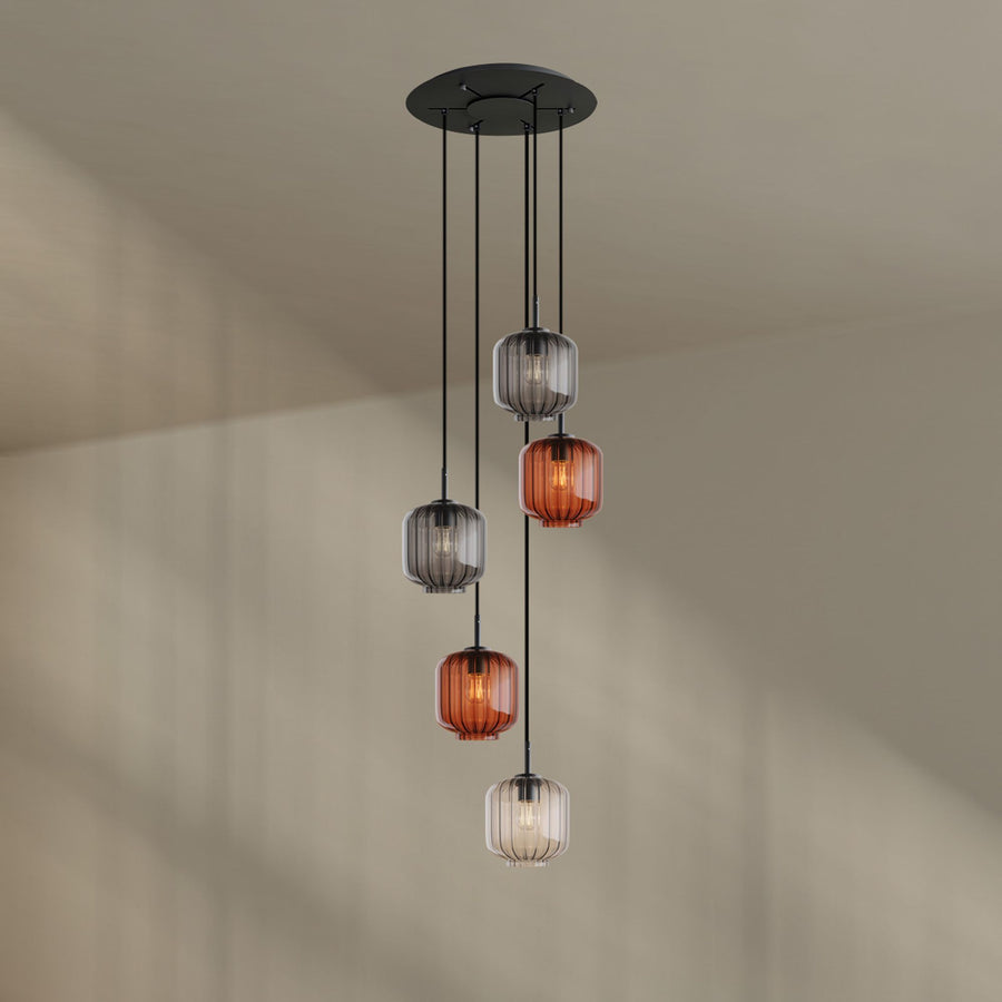 Suspension grande hauteur Velo 5 lumières, rosace Ø 60 cm, verres Ø 20 cm