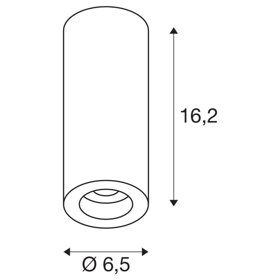Schéma technique coté : hauteur 16,2 cm et diamètre 6,5 cm.