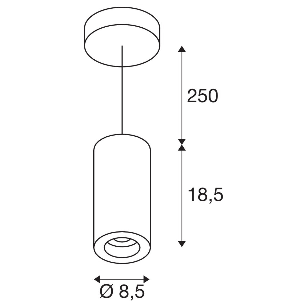 Schéma de dimensions avec hauteur du cylindre 18,5 cm et diamètre 8,5 cm.