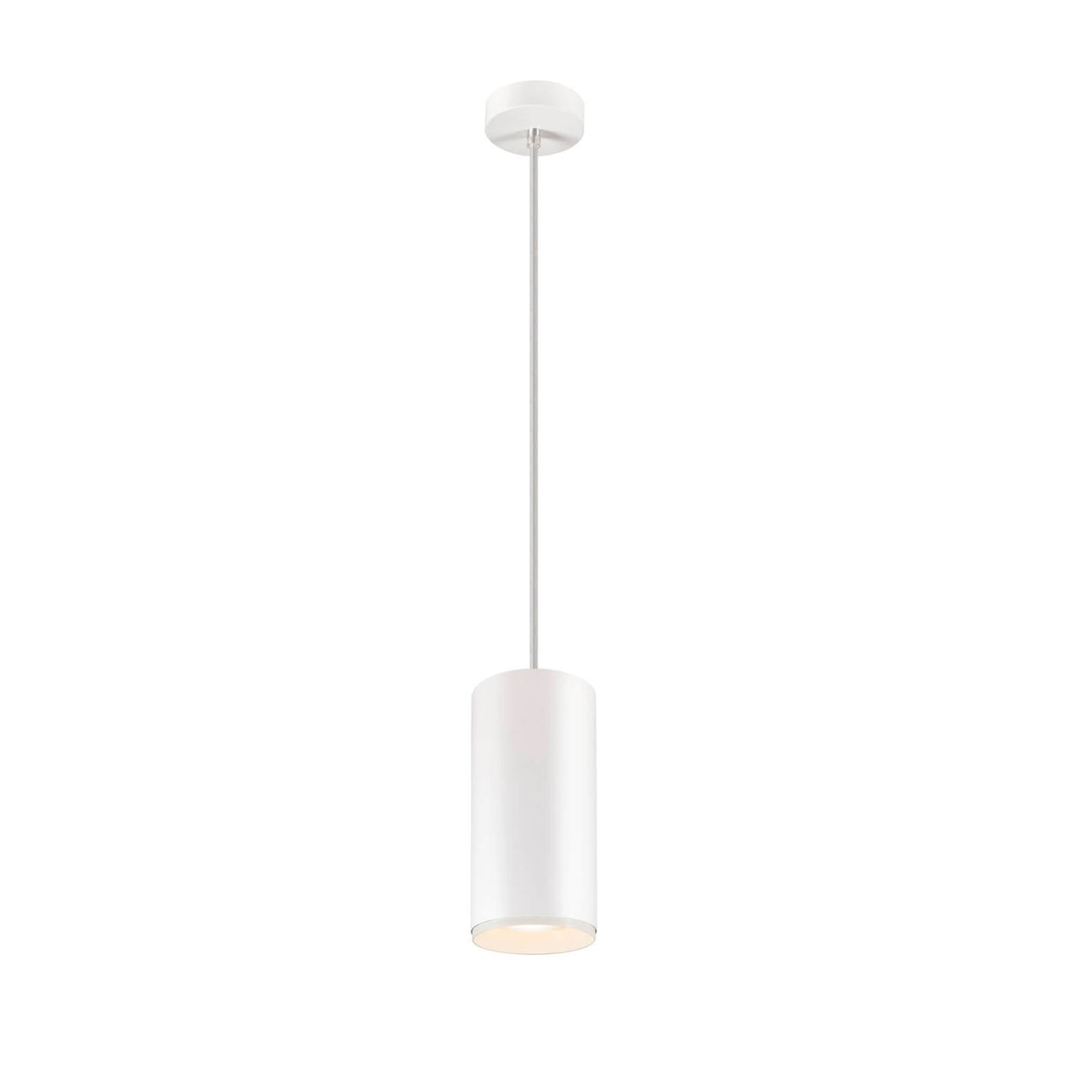 Vue légèrement différente du luminaire suspendu blanc, abat-jour cylindrique et diffuseur lumineux