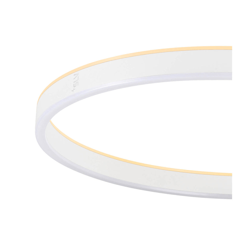Gros plan sur la tranche de l'anneau LED et son diffuseur blanc lumineux.