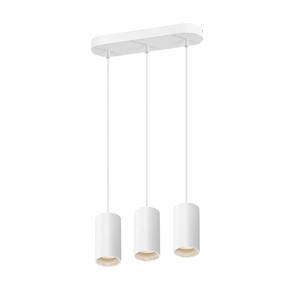 Vue en angle du luminaire blanc et de ses trois abat-jours cylindriques alignés.