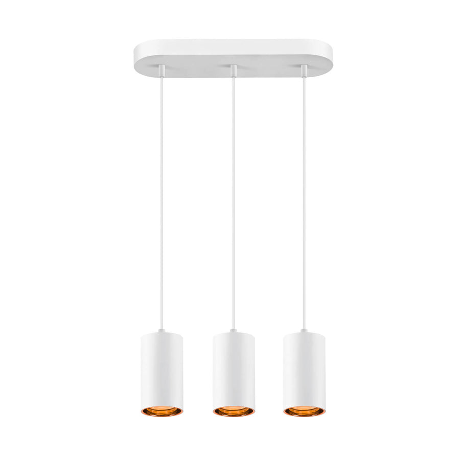Produit présenté de face, support ovale blanc et trois suspensions cylindriques identiques.