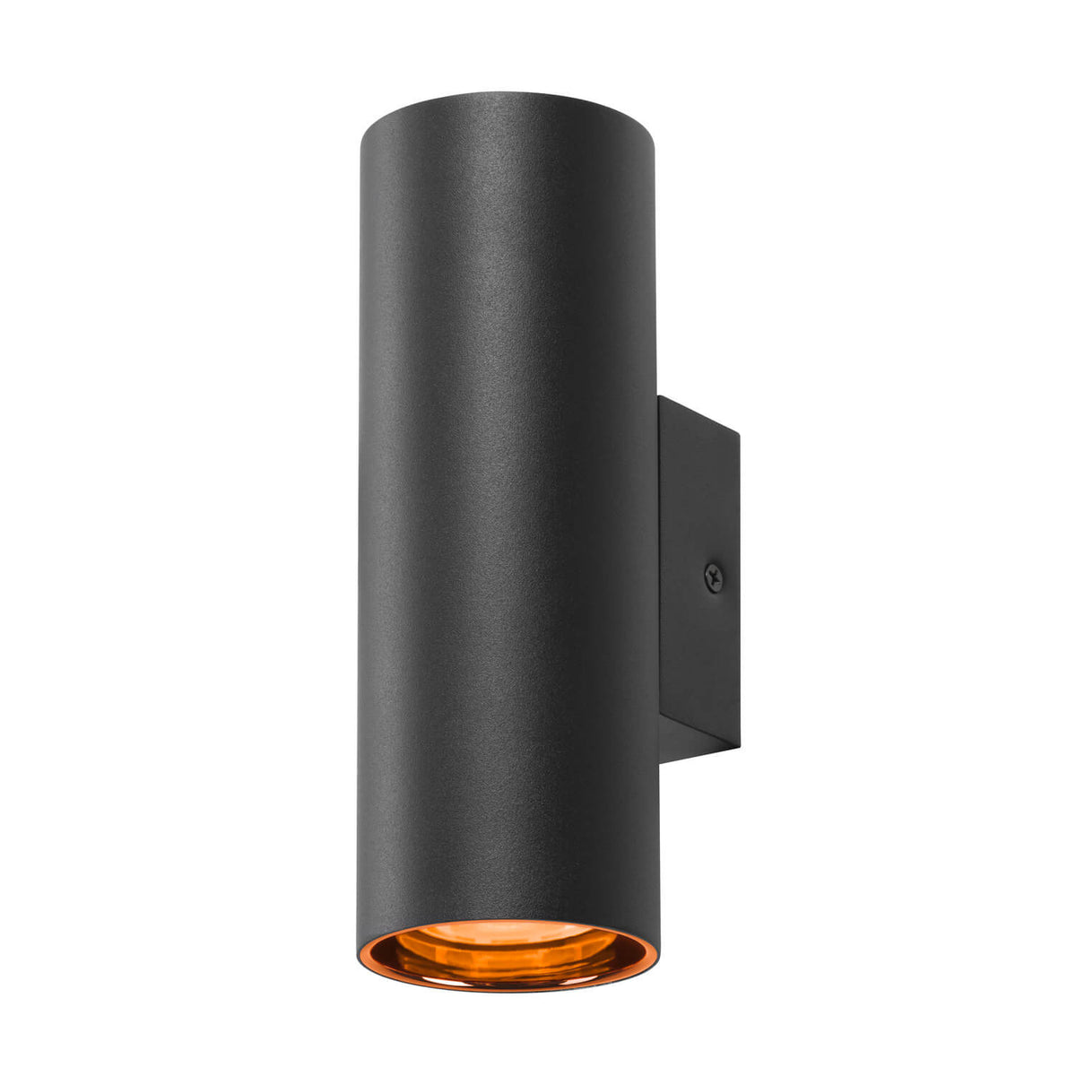 Luminaire mural cylindrique noir, halo orange visible sous la base.