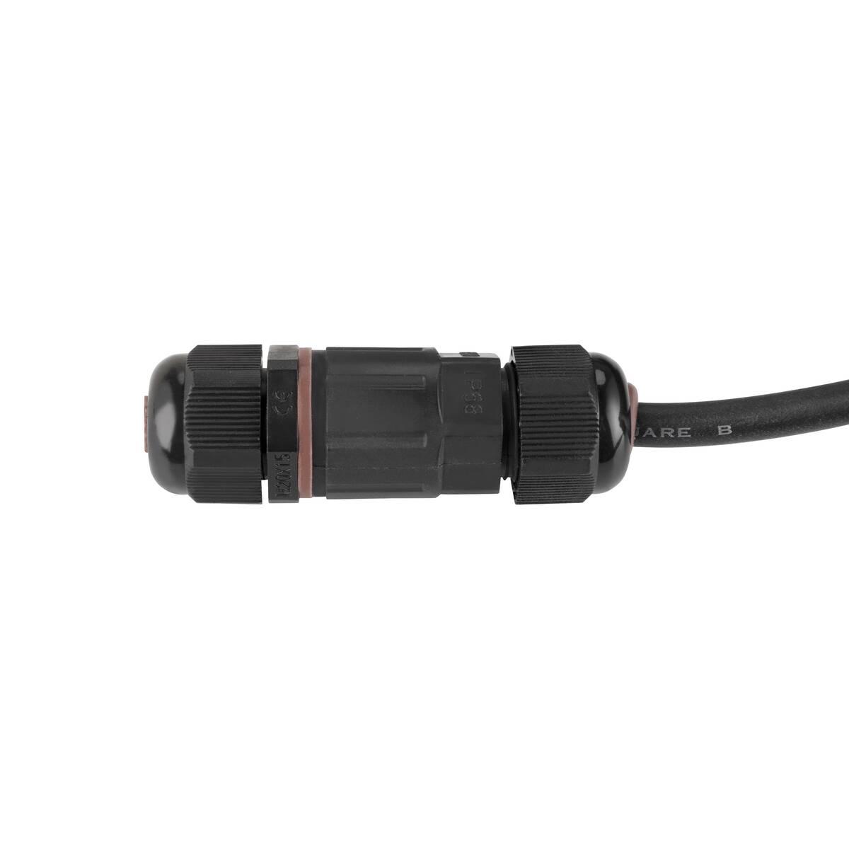 Connecteur étanche noir pour câble d’alimentation extérieur, vu de près.