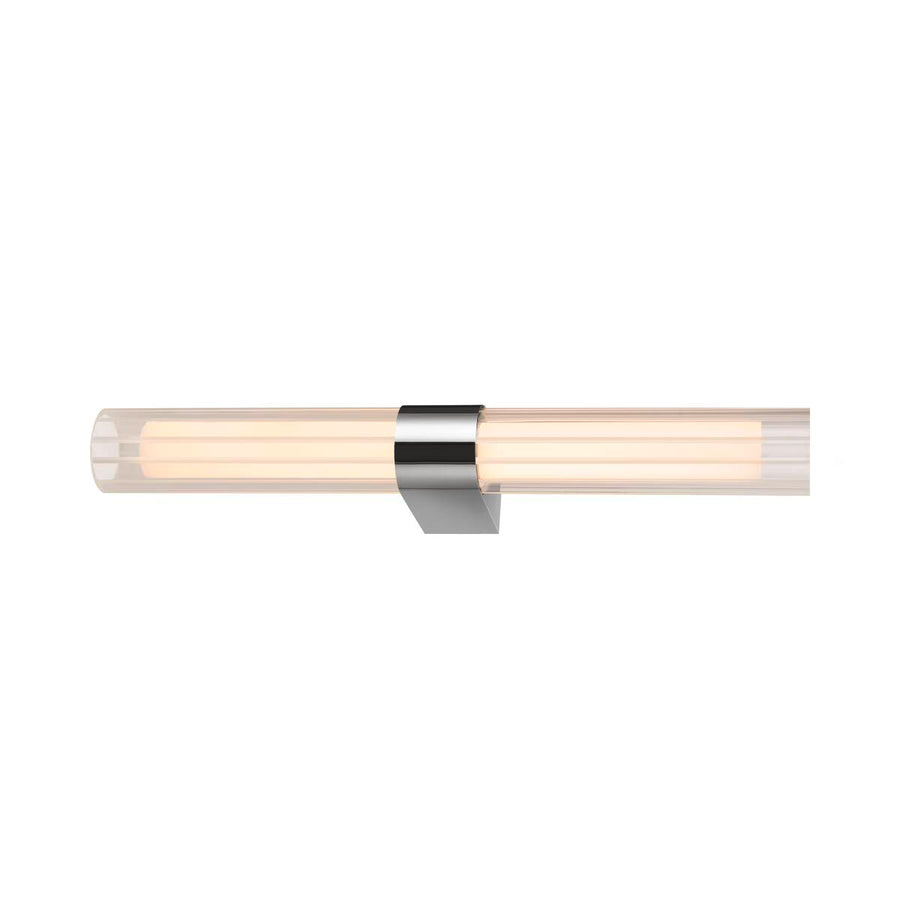Vue de profil du luminaire couché, cylindre transparent et attache chromée.