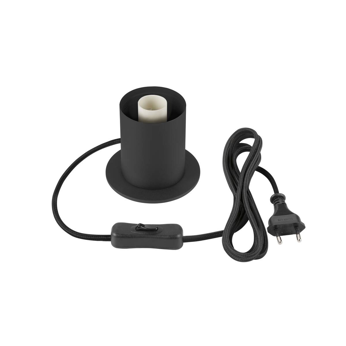 Socle cylindrique noir sans globe, douille et cordon d'alimentation visibles