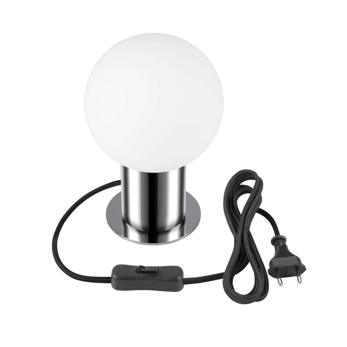 Lampe éteinte avec globe blanc, base chromée, cordon noir, interrupteur et prise visibles.