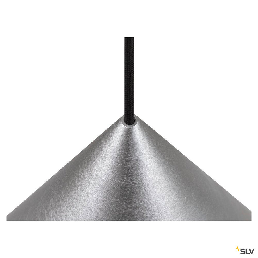 Détail du sommet conique en aluminium brossé où passe le câble textile noir.