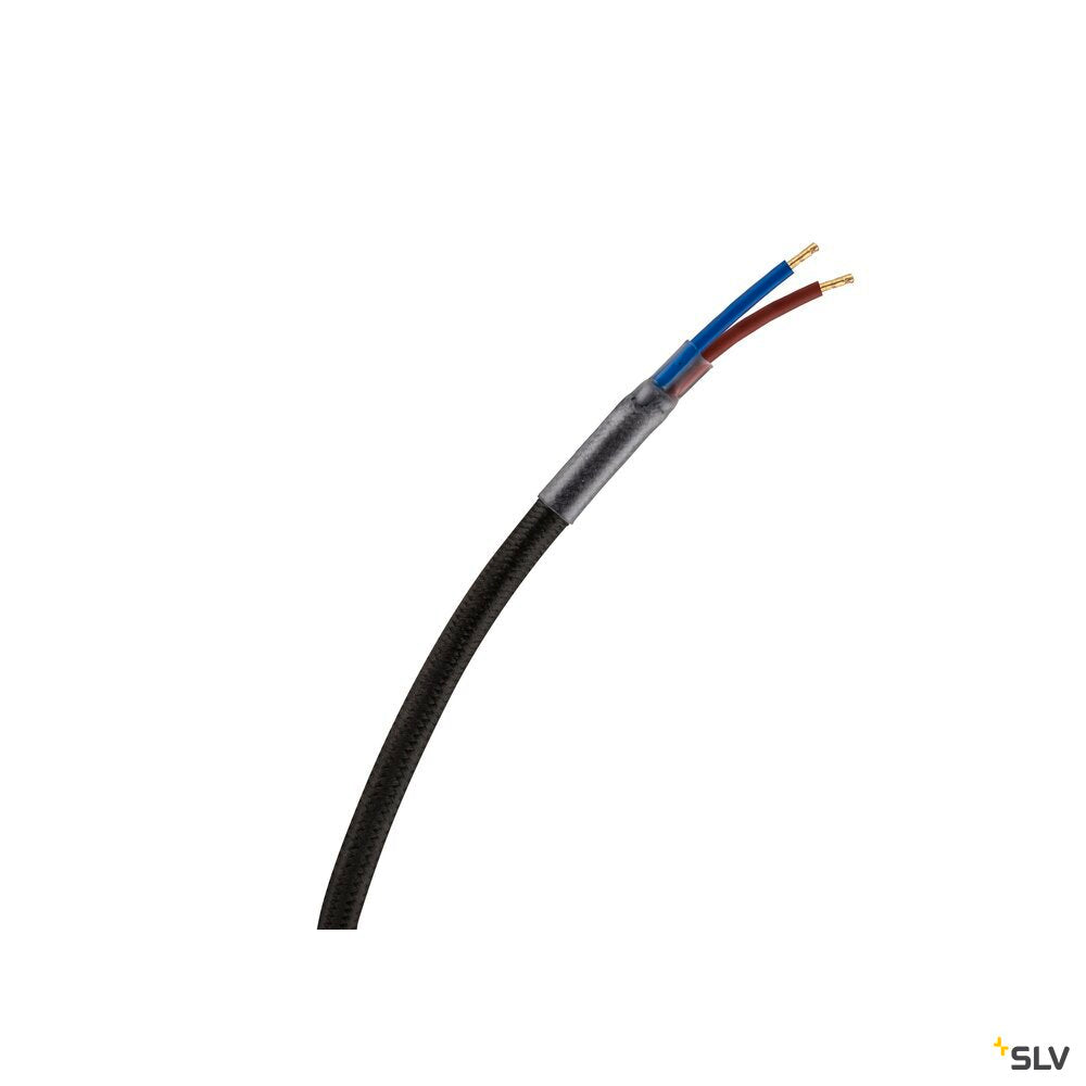 Détail du câble électrique noir dénudé avec fils bleu et marron.