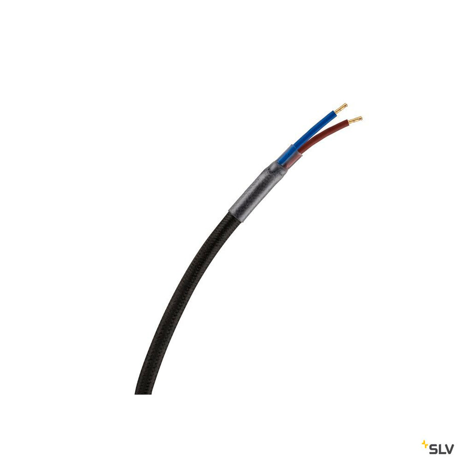 Détail du câble électrique noir dénudé avec fils bleu et marron.