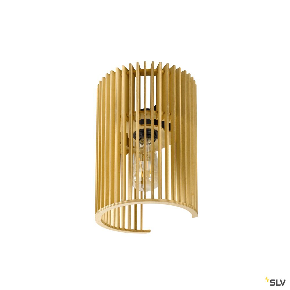 Vue de face de l'applique à lamelles dorées avec ampoule visible à travers la grille.