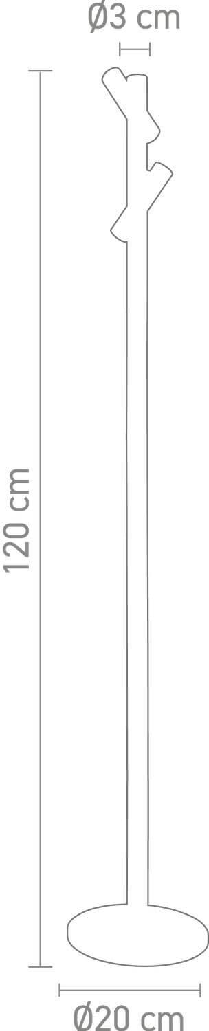 Schéma coté de la lampe : hauteur 120 cm, socle 20 cm de diamètre, tige 3 cm.