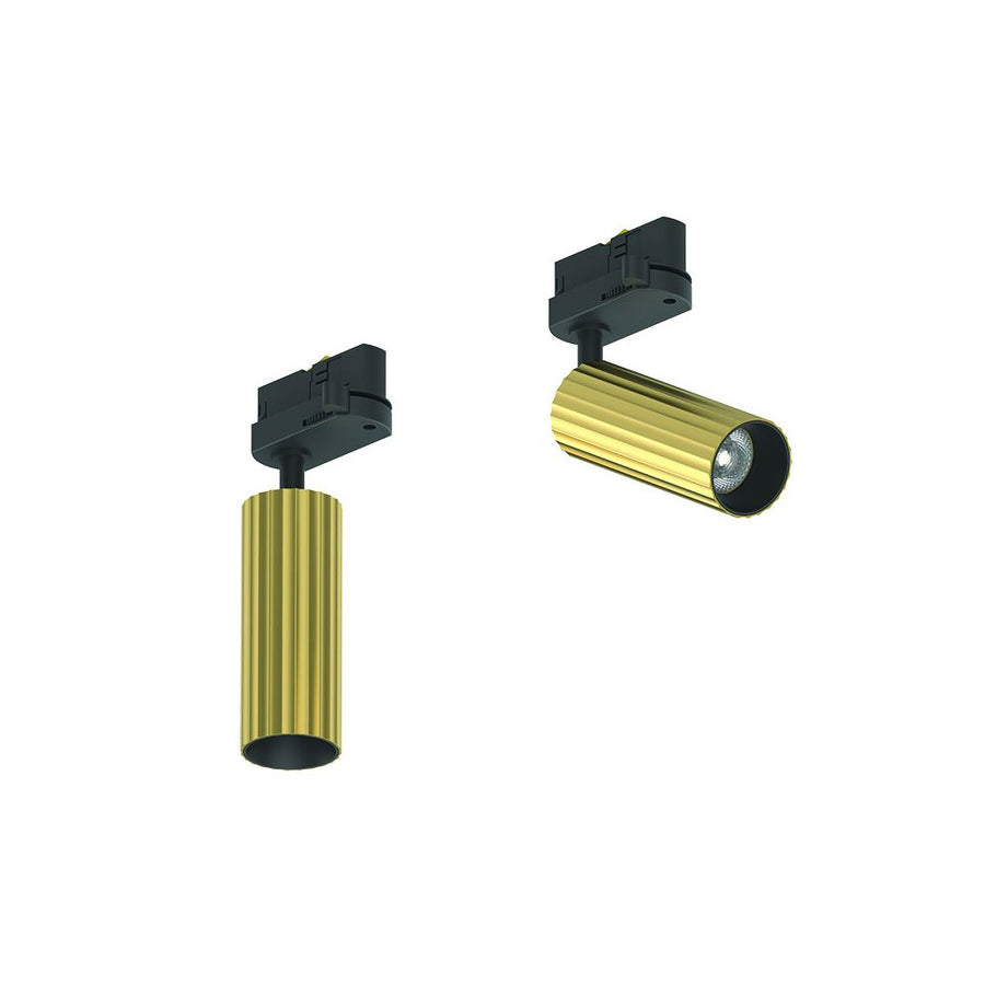 Deux spots cylindriques en laiton brossé avec adaptateur noir pour rail, sur fond blanc.