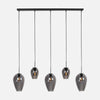 Black smoked glass linear pendant light, 5 globes Ø 15 cm | HaloSwap