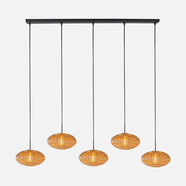 Ribbed amber glass pendant light, 5 glass shades on a 110 cm bar | HaloSwap
