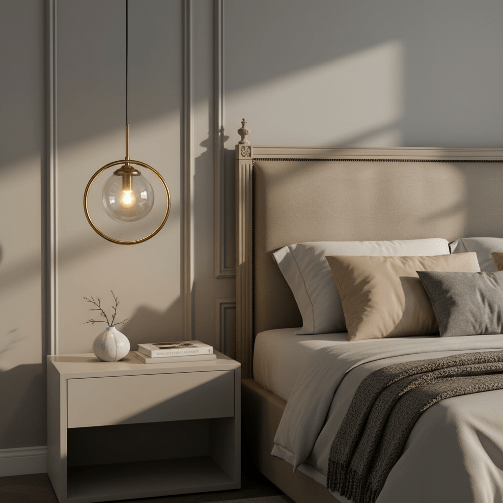 Chambre beige, suspension dorée devant tête de lit moulurée et lumière rasante