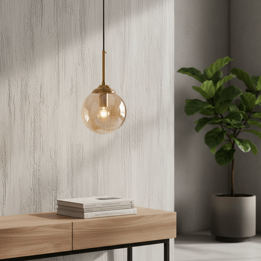 Suspension ambrée devant mur texturé clair, table en bois et plante