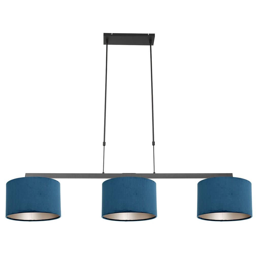 Suspension Noir 3 Lumières Velours Bleu | Taro - Designix Suspension Luminaire
