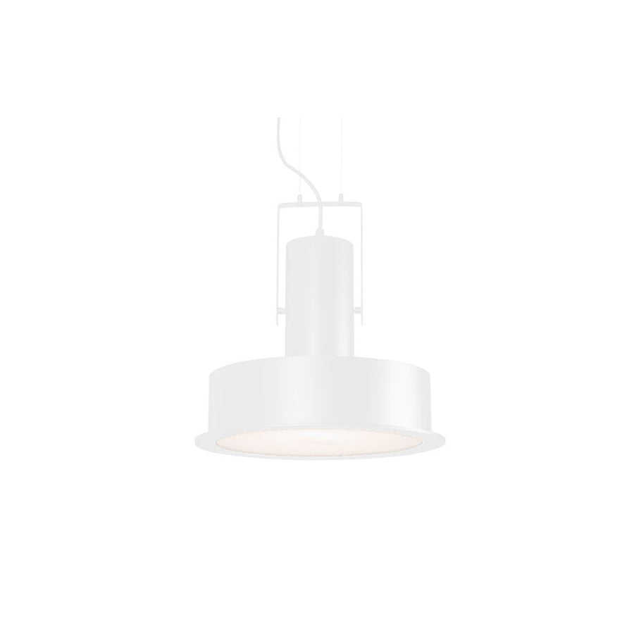 Suspension blanche mate de face, abat-jour cylindrique et corps vertical suspendu.