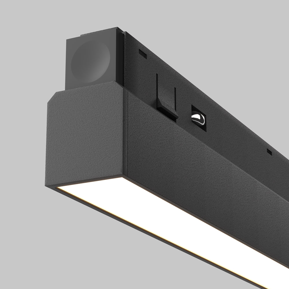 Détail de l'extrémité noire texturée, support de fixation et diffuseur blanc